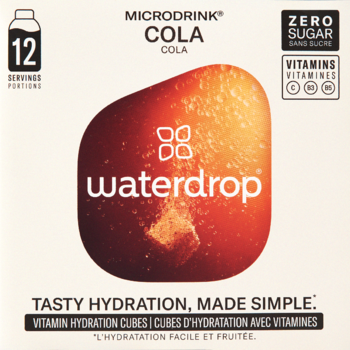 Beżowe pudełko waterdrop Microdrink COLA, 12 porcji. Zero cukru, witaminy C B3 B5. Z przodu stylizowana kropla.