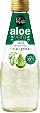 Szklana butelka napoju aloesowego ReVito z kolagenem, zielona etykieta, widok z przodu, kawałki aloesu.