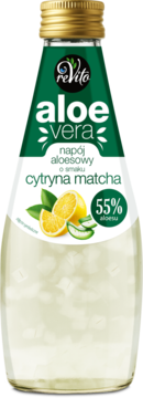 Napój aloesowy ReVito Aloe Vera cytryna matcha 55% w szklanej butelce, cytryny i aloes na etykiecie.