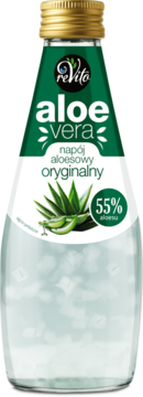 ReVito Aloe Vera, oryginalny napój aloesowy w szklanej butelce, zielona etykieta z 55% aloesu, widok z przodu.