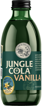 Zielona butelka Jungle Cola Vanilla 330ml, napój gazowany. Etykieta z napisem "Vanilla" i pieczęcią "Malagasy Vanilla".