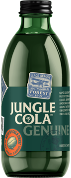 Zielona szklana butelka napoju Jungle Cola 330ml, ciemna etykieta z białym napisem JUNGLE COLA i palmą, widok z przodu.