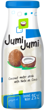 Biała butelka Jumi Jumi, napój kokosowy z Nata de Coco. Ilustracja kokosów, 25% wody kokosowej, widok z przodu.