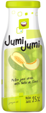 Butelka Jumi Jumi napoju melonowego z galaretką kokosową, 25% soku, zielona etykieta z melonem, przód.