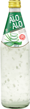 Widok z przodu butelki Alo Alo Napój aloesowy z sokiem winogronowym 485ml, z miąższem i zieloną etykietą.