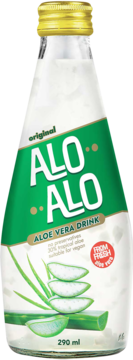 ALO ALO Aloe Vera Drink 290ml, butelka z białym napojem i kawałkami aloesu, zielona etykieta.