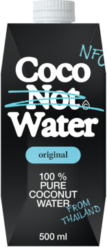Czarny karton Coco Not Water 500ml, widok z przodu, białe napisy, 'Not' przekreślone, 100% czystej wody kokosowej NFC.