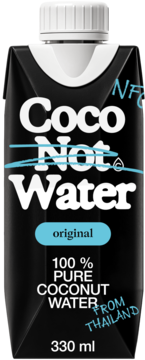 Czarny karton Coco Not Water original, 100% czystej wody kokosowej 330ml, z białą zakrętką.