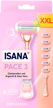 Różowa maszynka Isana Pace 3 z Arganöl & Aloe Vera, 6 wkładów wymiennych w opakowaniu XXL. Widok z przodu.