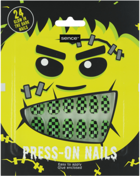 Sence Halloweenowe press-on paznokcie, 24 sztuki glow in the dark, zielono-czarna kratka, opakowanie z potworem.