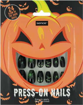 Sence Halloween press-on nails w pudełku-dyni. Czarne, świecące w ciemności, z zielonymi wzorami pająków i duchów.