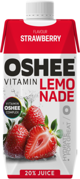 Czerwono-biały kartonik OSHEE Vitamin Lemonade truskawkowym, widok z przodu, z truskawkami i napisem '20% JUICE'.