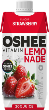 Czerwono-biały kartonik OSHEE Vitamin Lemonade truskawkowym, widok z przodu, z truskawkami i napisem '20% JUICE'.