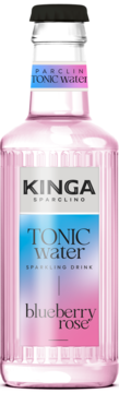 Kinga Sparkling Tonic Water, Blueberry Rose smak, różowa butelka z prążkowanym szkłem, widok z przodu.