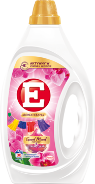 Płyn do prania E Aromaterapia Orchidea, biała butelka z różową etykietą i czerwonym logo E, widok z przodu.