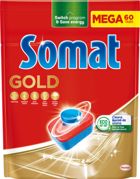 Czerwono-złote opakowanie Somat Gold tabletek do zmywarki, MEGA 60 TABS i grafiką tabletki, widok z przodu.