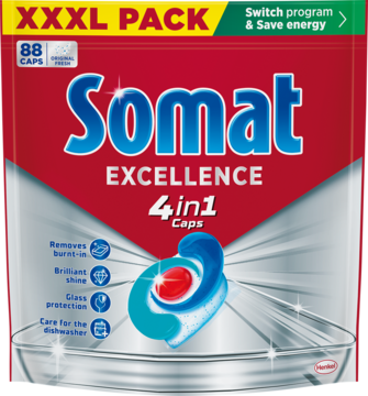 Czerwono-srebrny XXL PACK kapsułek Somat Excellence 4w1 do zmywarki, 88 sztuk, z niebiesko-czerwoną kapsułką.
