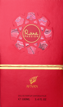 Czerwone pudełko perfum Afnan Rare Passion 100ml, złoty napis, wytłaczany wzór, widok z przodu.