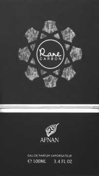 Czarne pudełko perfum Afnan Rare Carbon 100ml dla mężczyzn, z okrągłym logo 'Rare Carbon', widok z przodu.