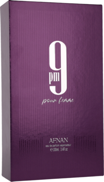 Afnan 9 PM Pour Femme, eleganckie fioletowe pudełko perfum 100ml, z białym napisem 9 PM, widok z przodu pod kątem.