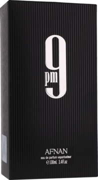 Czarny, prążkowany kartonik Afnan 9 PM unisex eau de parfum 100ml z białym logo i napisem, widok z przodu.