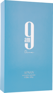 Afnan 9 AM Dive woda perfumowana unisex 100ml, jasnoniebieskie pudełko z białym napisem, widok z przodu.