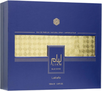 Granatowe pudełko męskiej wody perfumowanej Liam Blue Shine Lattafa Eau de Parfum, z geometrycznym złotym wzorem.
