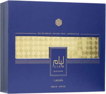 Granatowe pudełko męskiej wody perfumowanej Liam Blue Shine Lattafa Eau de Parfum, z geometrycznym złotym wzorem.