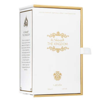 Woda perfumowana The Kingdom Lattafa, białe pudełko z złotymi napisami i ornamentami, widok z przodu i z boku.