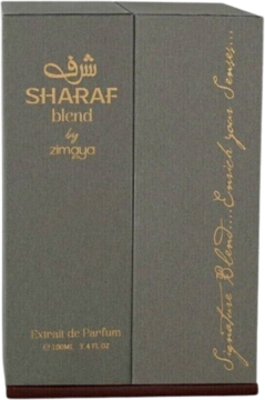 Szare opakowanie perfum Zimaya Sharaf Blend Extrait de Parfum, widoczne z przodu i boku, ze złotymi napisami.