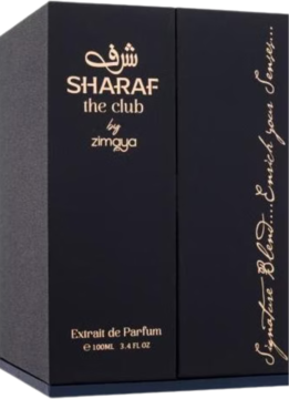 Perfumy unisex Zimaya Sharaf The Club Extrait de Parfum, czarne matowe pudełko 100ml ze złotymi napisami. Widok z przodu.