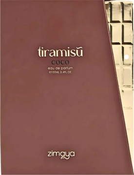 Woda perfumowana Zimaya Tiramisu Coco w brązowym opakowaniu ze złotą teksturą po prawej stronie, widok z przodu.