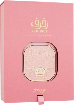 Zukhruf Pink Zimaya EDP. Różowe pudełko, widoczny kwadratowy flakon z subtelnym, złoto-różowym wzorem kwiatowym.