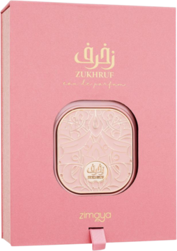 Zukhruf Pink Zimaya EDP. Różowe pudełko, widoczny kwadratowy flakon z subtelnym, złoto-różowym wzorem kwiatowym.