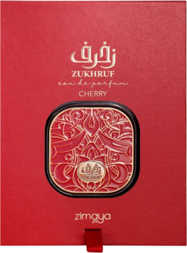 Czerwone pudełko wody perfumowanej Zimaya Zukhruf Cherry ze złotym, ozdobnym wzorem. Widok z przodu.