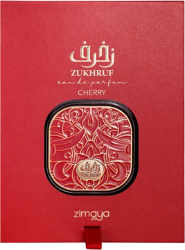 Czerwone pudełko wody perfumowanej Zimaya Zukhruf Cherry ze złotym, ozdobnym wzorem. Widok z przodu.