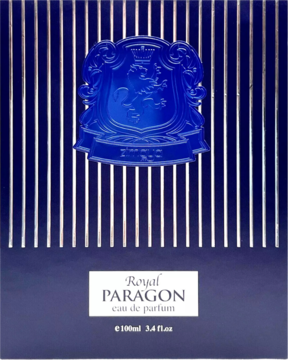 Royal Paragon męska woda perfumowana, ciemnoniebieskie pudełko ze srebrnymi pasami i royal blue herbem, widok z przodu.