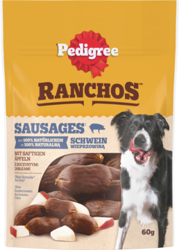 Żółto-brązowa torebka Pedigree Ranchos Sausages, z psem i przysmakiem wieprzowo-jabłkowym 60g.