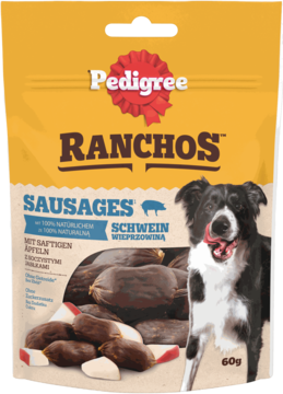 Pedigree Ranchos Sausages, przysmaki dla psów z wieprzowiną i jabłkiem w żółtej torebce, z psem border collie.