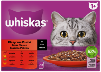 Whiskas Klasyczne Posiłki, mokra karma dla kota, fioletowe opakowanie z wizerunkiem kota i miską, widok z przodu.