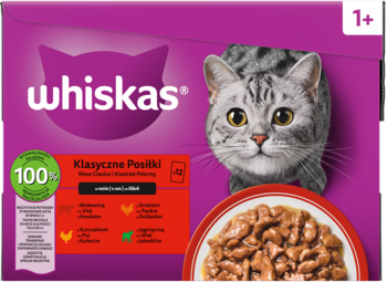 Purpurowo-czerwona karma Whiskas Klasyczne Posiłki 1+ dla kota, z wizerunkiem kota i dania, widok z przodu.