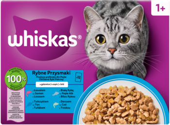 Whiskas Rybne Przysmaki, karma mokra dla dorosłych kotów 1+, purpurowe opakowanie z kotem i miską.