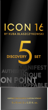 ICON 16 BY KUBA BŁASZCZYKOWSKI męski zestaw Discovery Set 5x15ml, czarno-złote opakowanie perfum, widok frontalny.