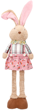 Pluszowa beżowa lalka królik w różowej sukience w kwiaty i kraciastej koszuli, długie różowe uszy, przodem.