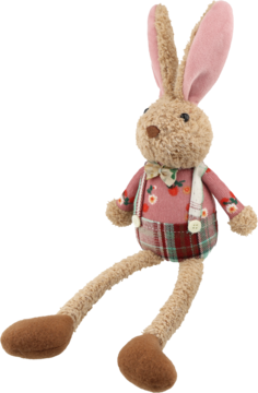 Pluszowy królik-zabawka z długimi uszami, w różowej koszuli z kwiatami i spodenkach w kratę, siedzący z przodu.