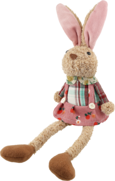 Pluszowy brązowy królik z długimi uszami, w różowej sukience w truskawki i koszuli w kratkę, siedzący.