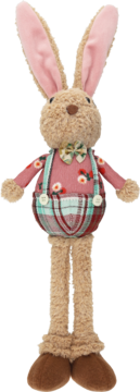 Pluszowy królik w brązowo-beżowym futrze, różowych uszach, ubrany w kwiecistą koszulę i kraciaste ogrodniczki.