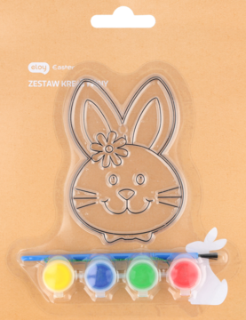 Zestaw kreatywny z królikiem do malowania, z formą 3D, 4 farbami (żółta, niebieska, zielona, czerwona) i pędzelkiem.