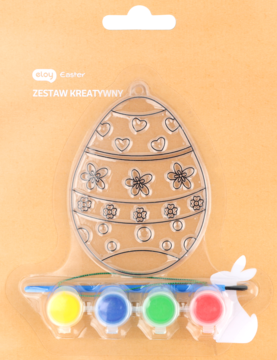 Zestaw kreatywny Play Easter: jajko do malowania z wzorami, 4 farbki (żółta, niebieska, zielona, czerwona) i pędzelek z zajączkiem.