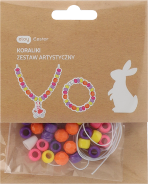 Zestaw koralików Eloy Caster, front brązowego opakowania z biżuterią, widoczne pomarańczowe, fioletowe, różowe koraliki i sznurek.